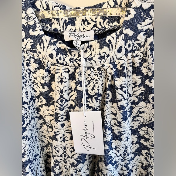 POLAGRAM Blue And White Jacquard Puff Sleeve Midi Dress - Picture 7 of 7